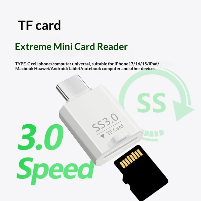 Lettore di schede SS3.0 USB-C TF Mini adattatore Type-C a MicroSD ad alta velocità 3.0 per Windows / MacOS / Linux / Android / iOS - Bianco
