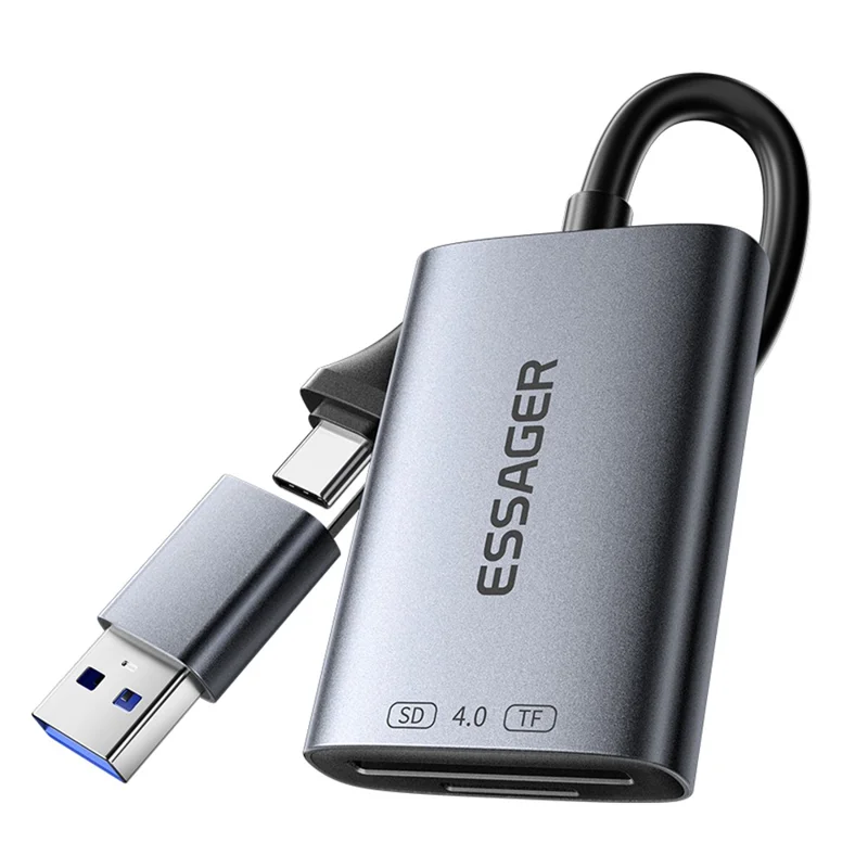 ESSAGER ES-DK04 4.0 2 in 1 Card Reader USB-A Type-C 5Gbps SD TF Card Holder - Dark Grey