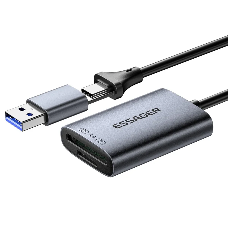 ESSAGER ES-DK04 4.0 2 in 1 Card Reader USB-A Type-C 5Gbps SD TF Card Holder - Dark Grey