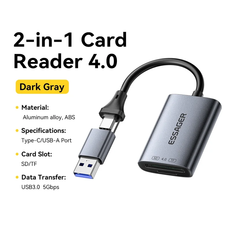 ESSAGER ES-DK04 4.0 2 in 1 Card Reader USB-A Type-C 5Gbps SD TF Card Holder - Dark Grey