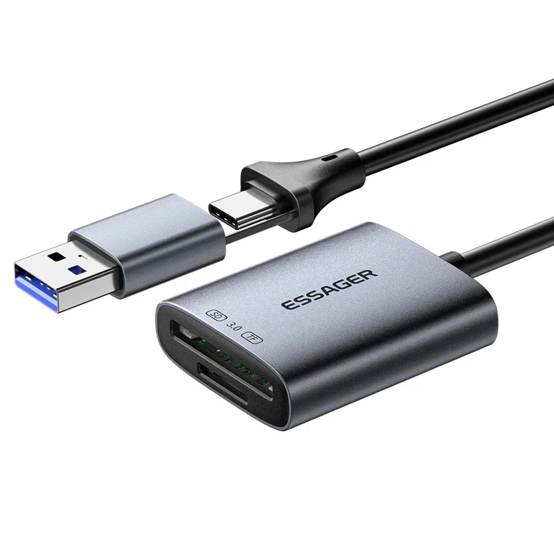 ESSAGER ES-DK04 3.0 2 in 1 Card Reader USB 3.0 5Gbps Type-C USB-A SD TF Card Reader - Dark Grey