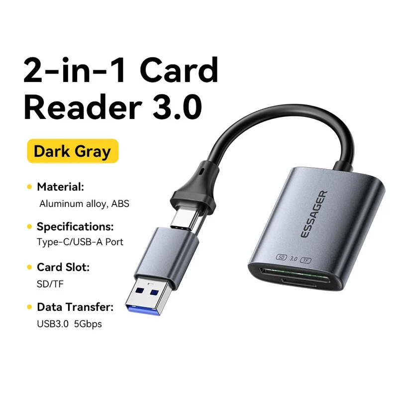 ESSAGER ES-DK04 3.0 2 in 1 Card Reader USB 3.0 5Gbps Type-C USB-A SD TF Card Reader - Dark Grey
