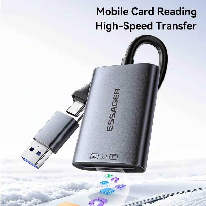 ESSAGER ES-DK04 3.0 2 in 1 Card Reader USB 3.0 5Gbps Type-C USB-A SD TF Card Reader - Dark Grey