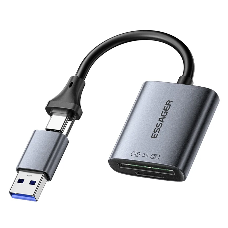 ESSAGER ES-DK04 3.0 2 in 1 Card Reader USB 3.0 5Gbps Type-C USB-A SD TF Card Reader - Dark Grey
