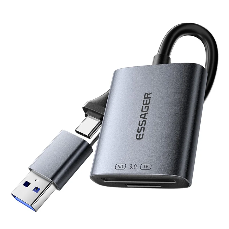 ESSAGER ES-DK04 3.0 2 in 1 Card Reader USB 3.0 5Gbps Type-C USB-A SD TF Card Reader - Dark Grey