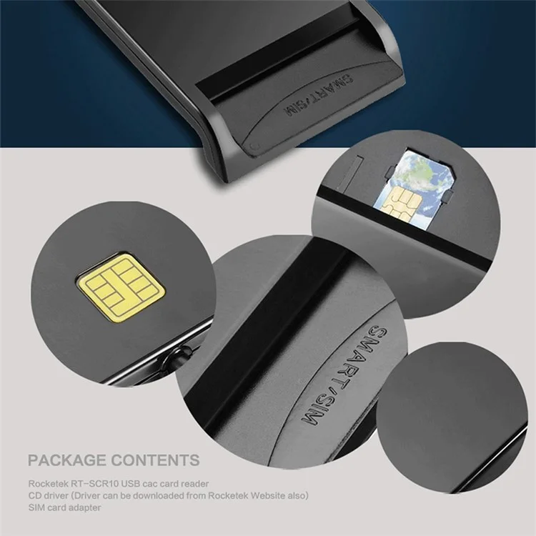ROCKETEK SCR1 Lecteur de carte USB 2.0 Carte à puce ID Carte bancaire Adaptateur 