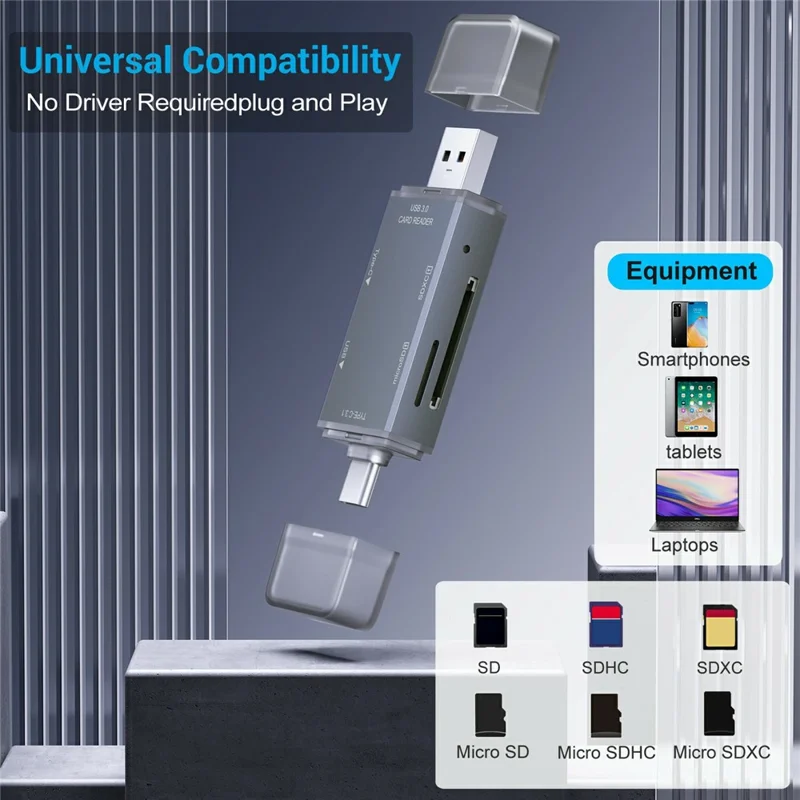 YC-370 Type-C / USB-A 3.0 to SD / TF Dual Slot Card Reader 5Gbps High Speed Transfer OTG Adapter