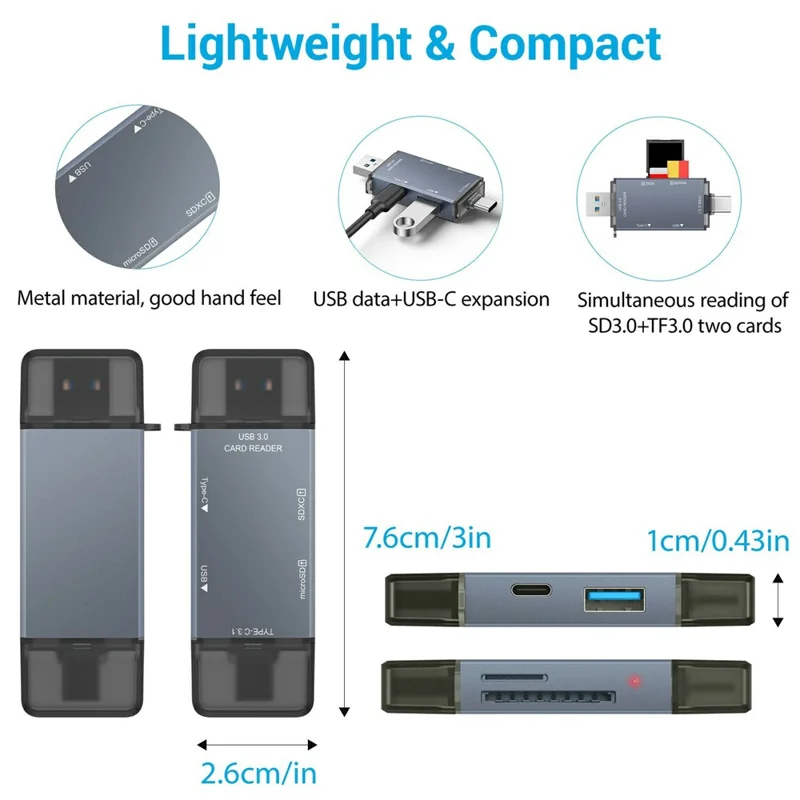 YC-370 Type-C / USB-A 3.0 to SD / TF Dual Slot Card Reader 5Gbps High Speed Transfer OTG Adapter