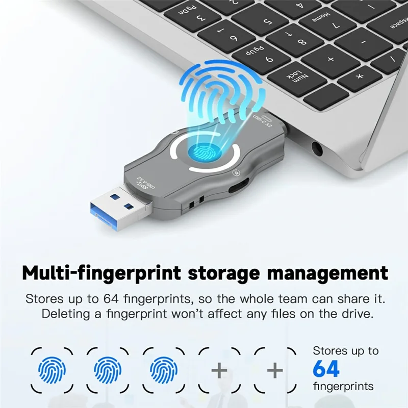 NK-842 256GB USB Flash Drive Triple Interface Type-C / USB A / Micro Hardware Fingerprint Lock USB 3.2 5Gbps for Business Data Protection - Grey