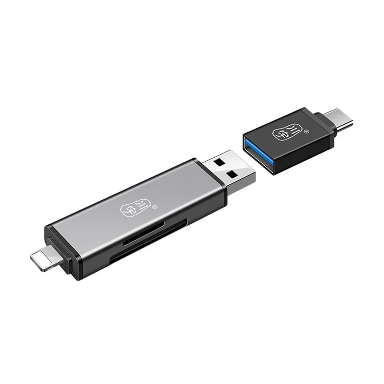 KAWAU C350TL iP+USB3.0+Type-C Card Reader Adapter Support SD / TF Card Aluminum Alloy Cellphone OTG Card Reader