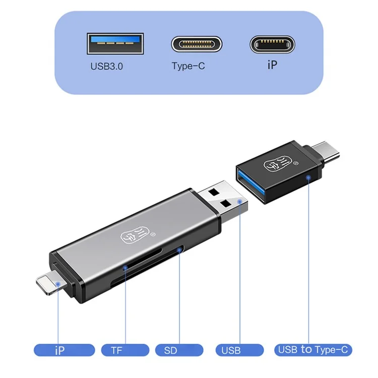 KAWAU C350TL iP+USB3.0+Type-C Card Reader Adapter compatibilidad con tarjetas SD / TF Lector de tarjetas de aleación de aluminio para teléfonos móviles OTG