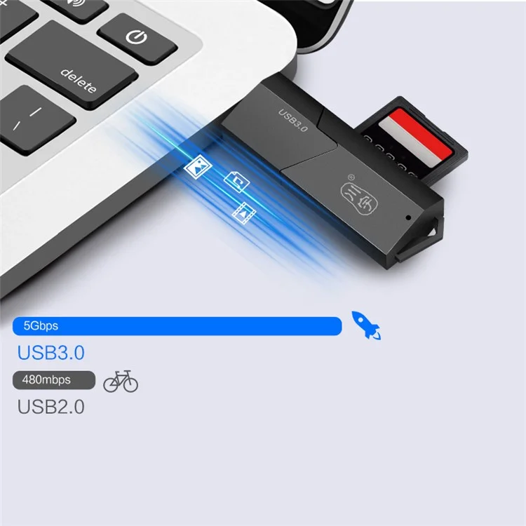 KAWAU C307 Mini Portable USB3.0 Card Reader SD+TF 2-in-1 Card Reader with Cover / Single Drive Letter