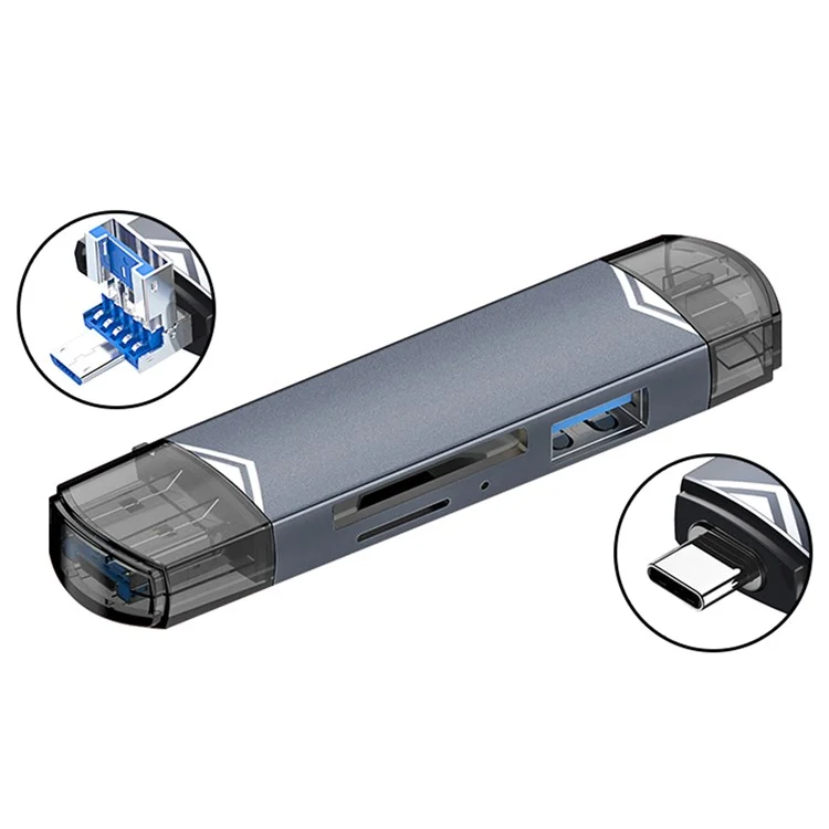 MICRODRIVE 6-in-1 Aluminum Alloy Card Reader with USB2.0 / Type-C Plug - Grey
