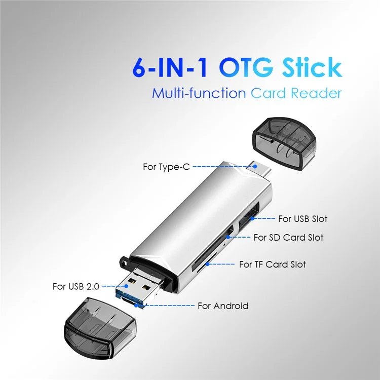 MICRODRIVE 6-in-1 Aluminum Alloy Card Reader with USB2.0 / Type-C Plug - Grey