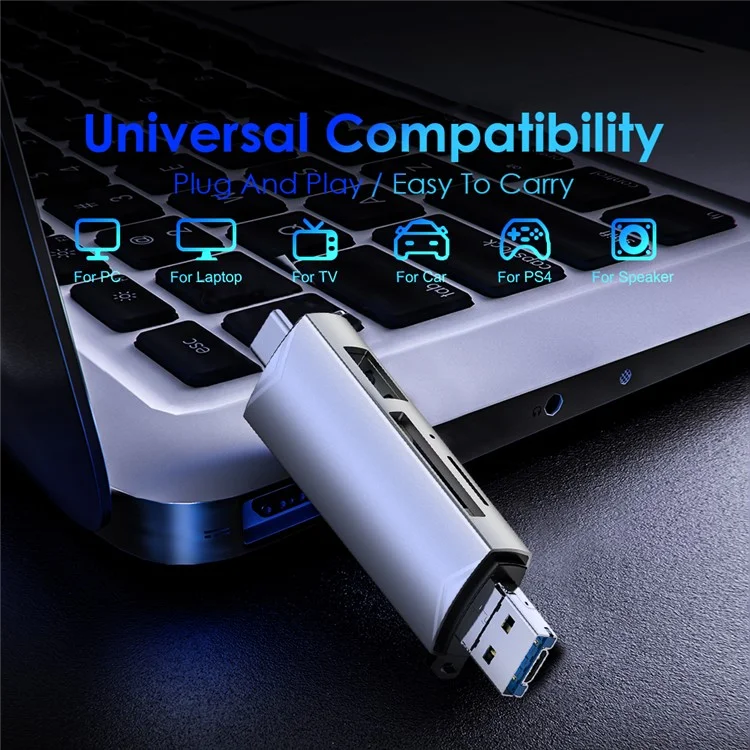 MICRODRIVE 6-in-1 Aluminum Alloy Card Reader with USB2.0 / Type-C Plug - Grey