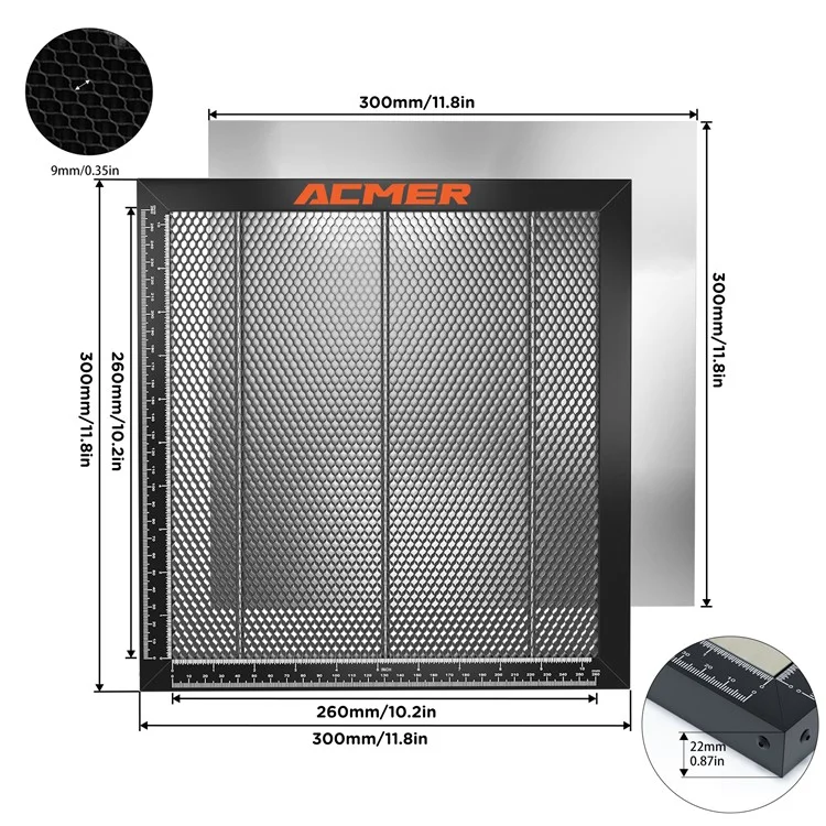 ACMER E10 Plateau laser en aluminium 300x300mm à dissipation thermique rapide avec table de travail alvéolée et lignes d'échelle