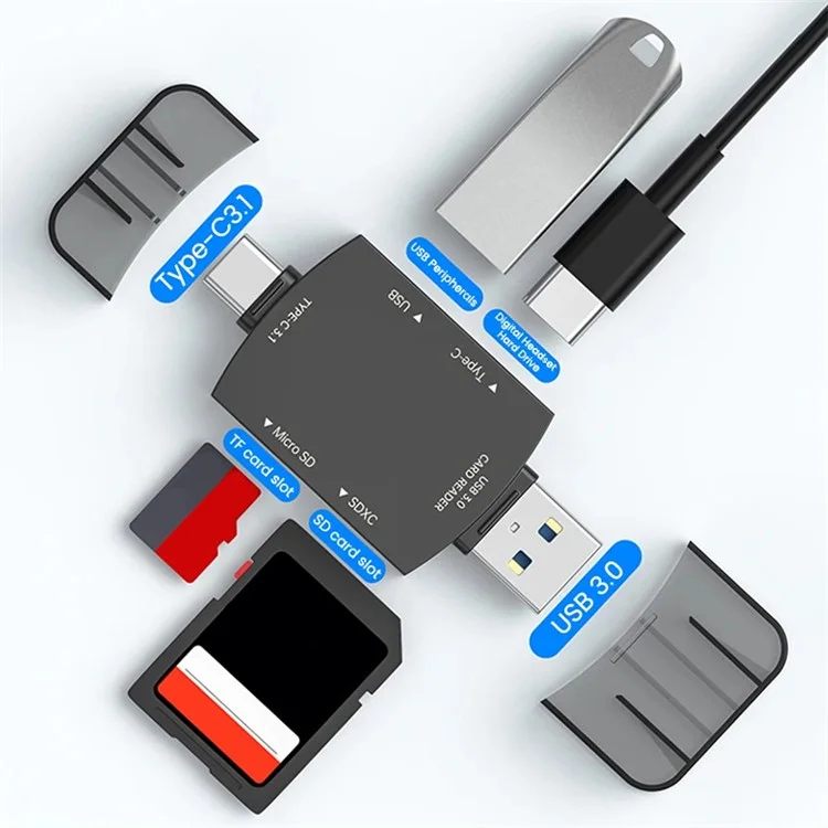 D204 Leitor de Cartão SD USB A+USB C para Cartão TF / SDXC / USB-A / Adaptador de Leitor de Cartão de Memória USB-C - Light Gold