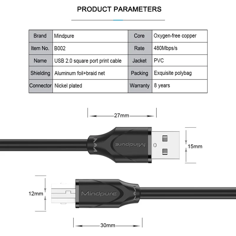 MINDPURE US002 5m USB2.0 Male to Square USB Type-B Male Printer Cable Computer Printing Connection Cord - Black