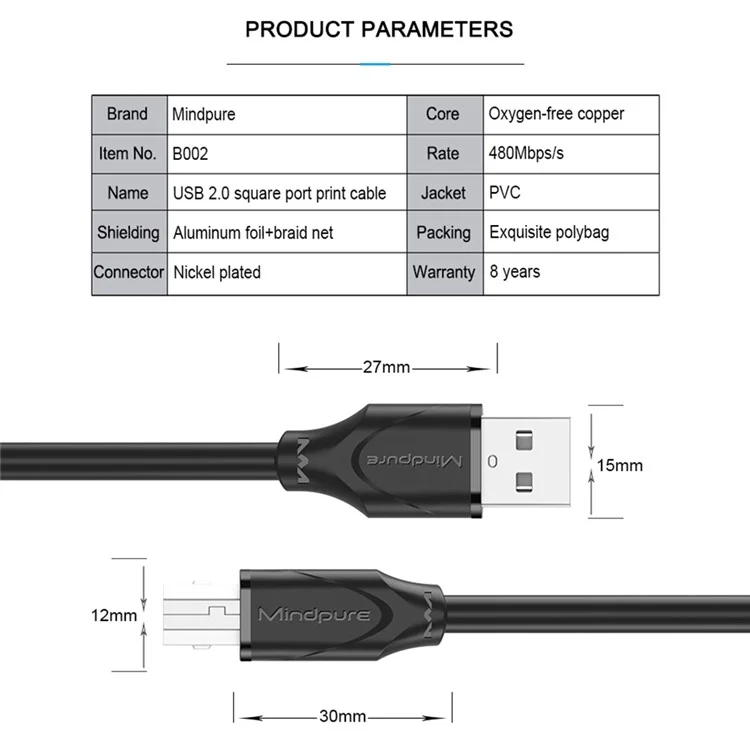 Mindpure US002 2m USB2.0 Mâle à Carré USB Type-B Male Imprimante Câble Corde D'impression Cordon - Noir