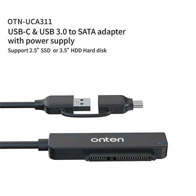 ONTEN UCA311 USB A + USB C to SATA Converter with Power Supply for 2.5 Inch HDD / SSD