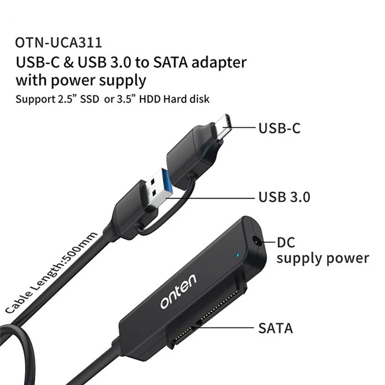 ONTEN UCA311 USB A + USB C to SATA Converter with Power Supply for 2.5 Inch HDD / SSD