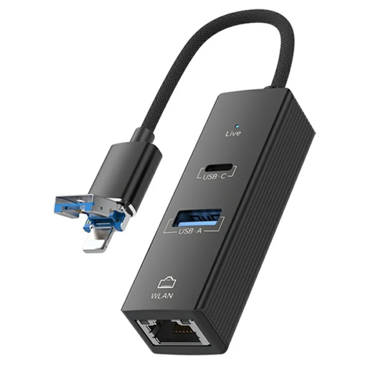 Adattatore di rete 8Pin / USB a USB-A USB-C RJ45 100Mbps Ethernet - Nero