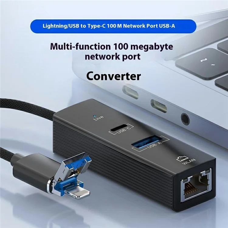 Adattatore di rete 8Pin / USB a USB-A USB-C RJ45 100Mbps Ethernet - Nero