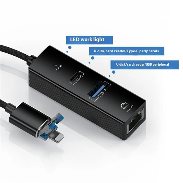 Adattatore di rete 8Pin / USB a USB-A USB-C RJ45 100Mbps Ethernet - Nero
