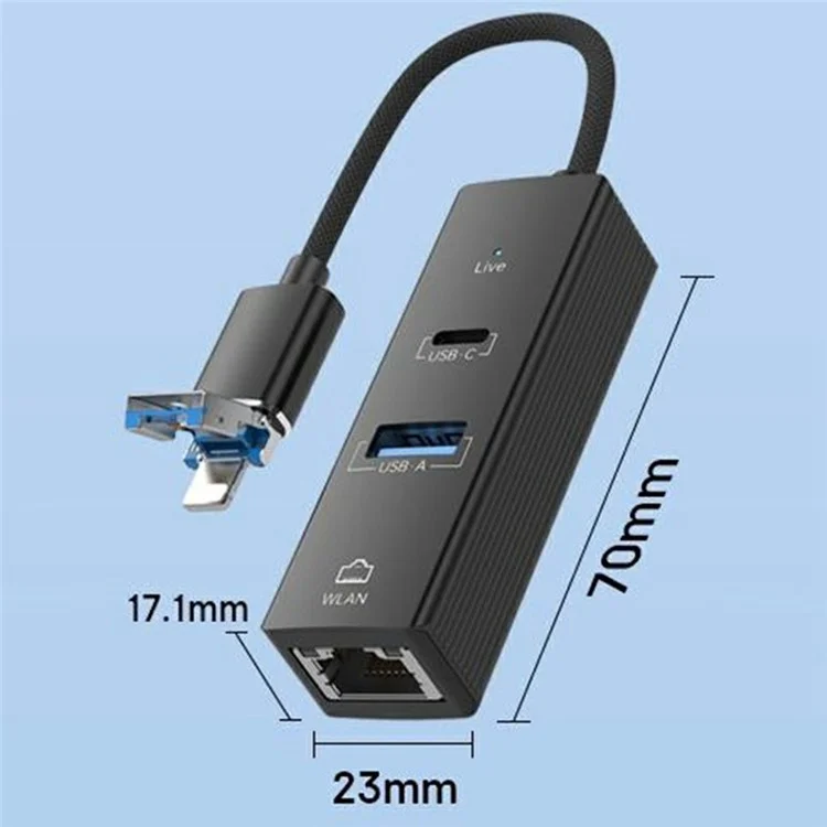 Adattatore di rete 8Pin / USB a USB-A USB-C RJ45 100Mbps Ethernet - Nero