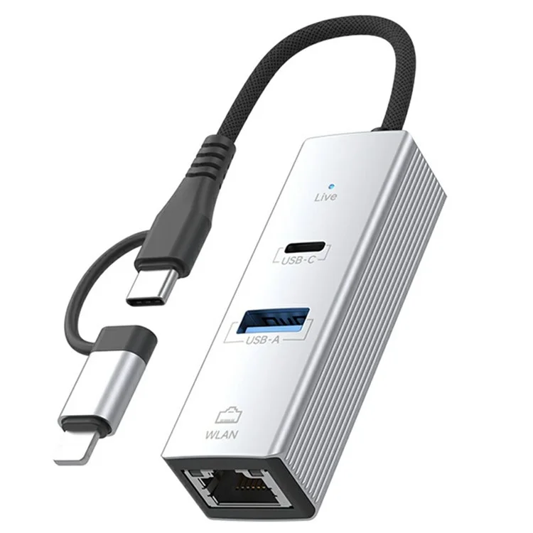 8Pin / Type-C to USB-A USB-C RJ45 Network Adapter Aluminum Alloy 100Mbps Ethernet Connector - Silver