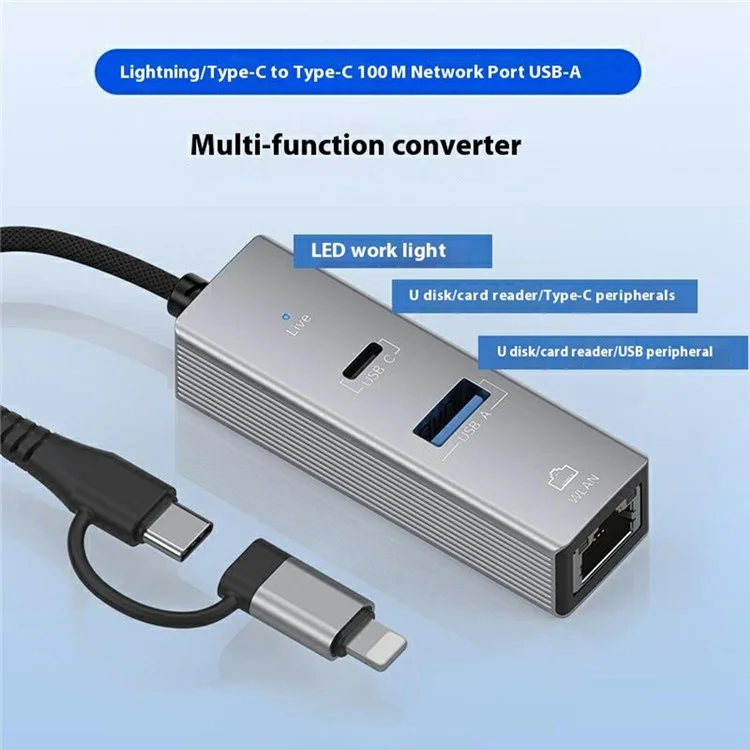 8Pin / Type-C to USB-A USB-C RJ45 Network Adapter Aluminum Alloy 100Mbps Ethernet Connector - Silver