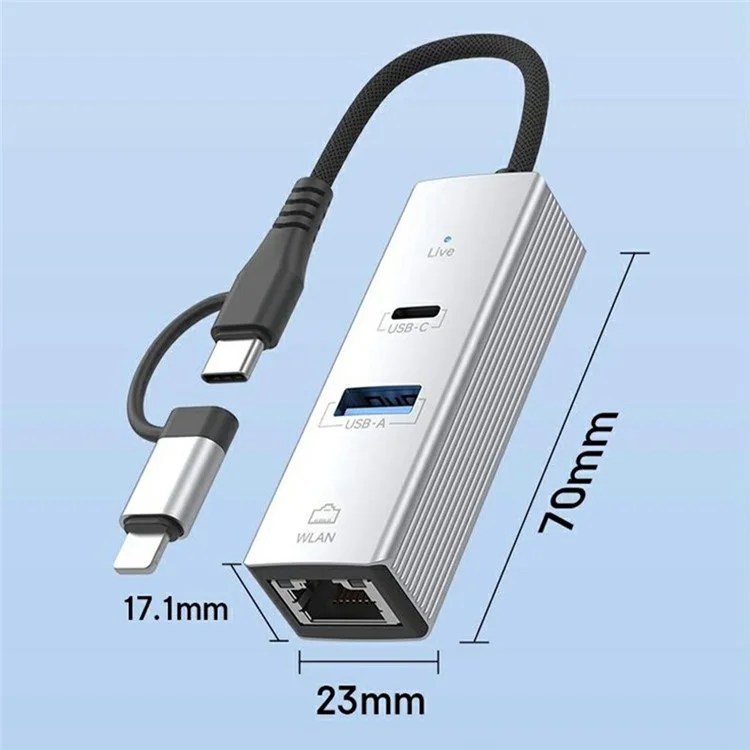 8Pin / Type-C to USB-A USB-C RJ45 Network Adapter Aluminum Alloy 100Mbps Ethernet Connector - Silver