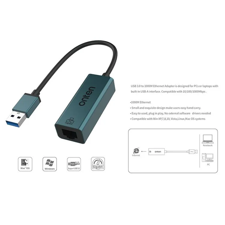 ONTEN 5225 USB 3.0 to RJ45 1000M Network Converter Aluminum Alloy Gigabit Ethernet Adapter