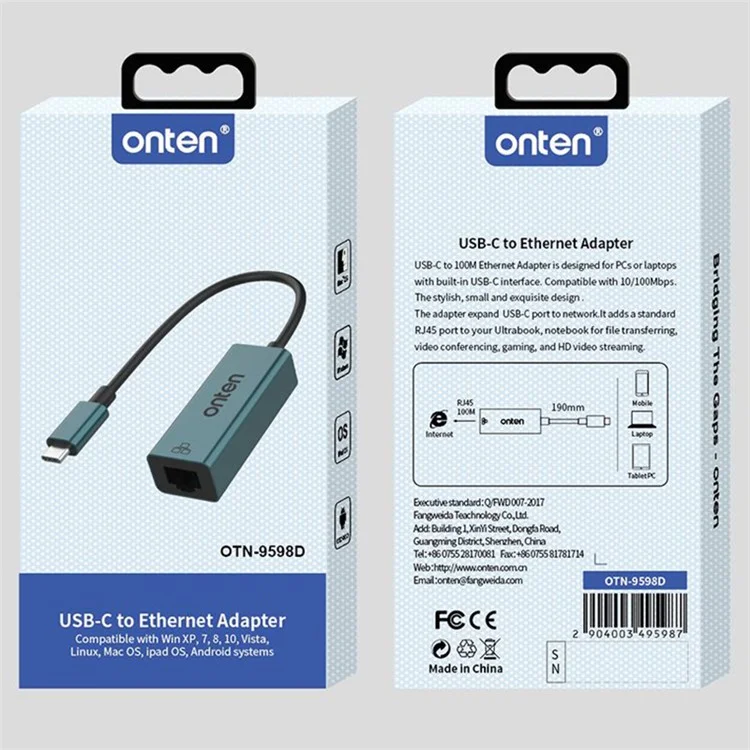 ONTEN 9598D Adattatore di Rete da Type-C a RJ45 Convertitore Ethernet 100M / 10Mbps