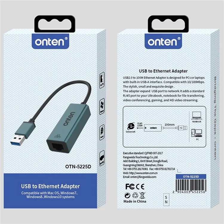 ONTEN 5225D Adaptador USB a RJ45 Convertidor de Red 100 / 10 Mbps Conector Ethernet LAN