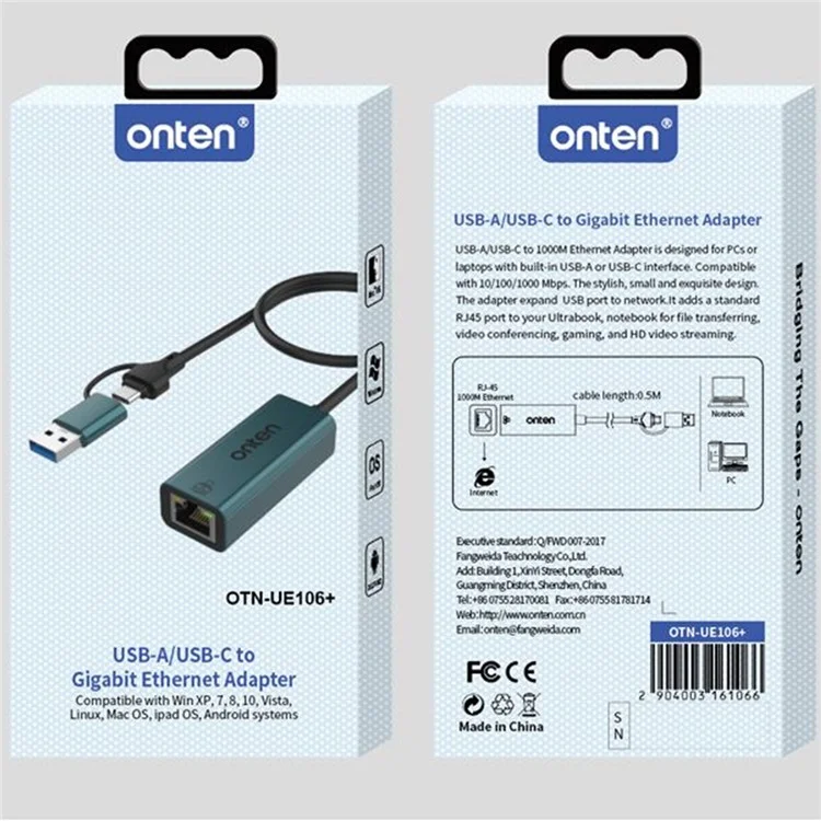 ONTEN UE106+ Adaptador de Red USB / Tipo-C Conector Ethernet Gigabit de 1000M