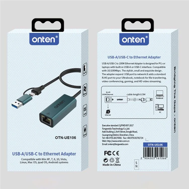 ONTEN UE106 USB 2.0 / Type-C to RJ45 Network Adapter 100M / 10M Ethernet Converter