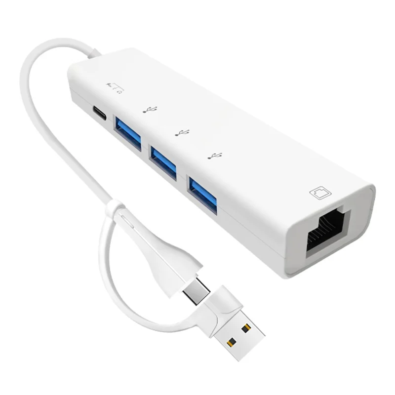 AJ1027 Adaptador USB + Type-C 5 em 1 Dual Port com 3xUSB RJ45 Ethernet Network Hub