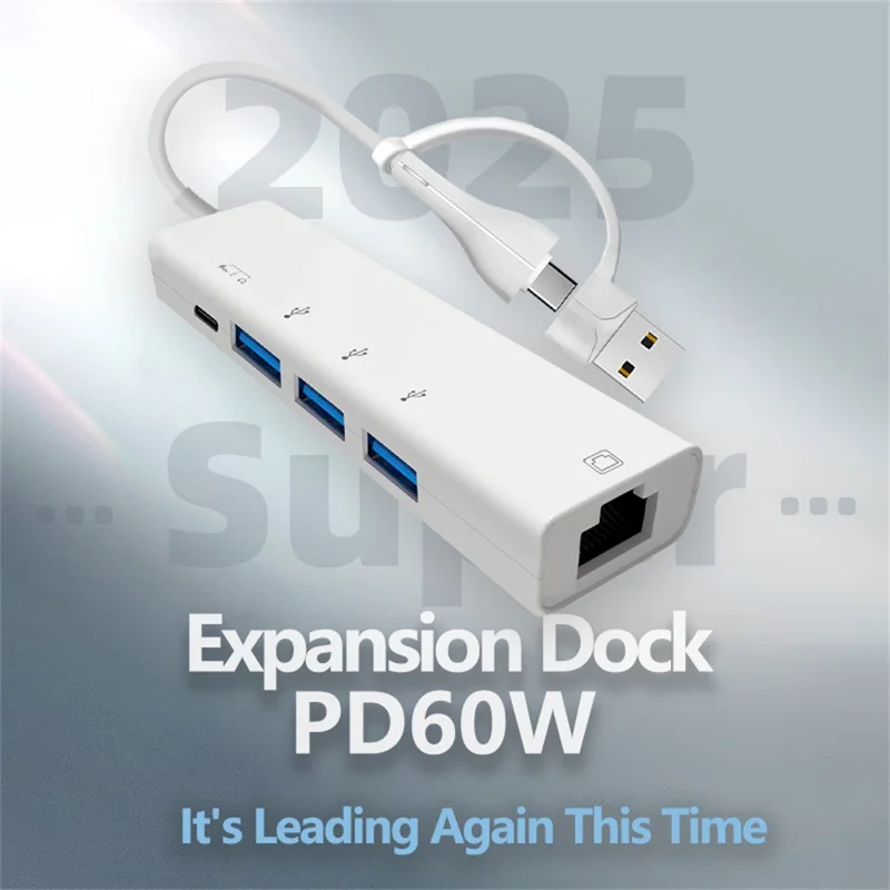 AJ1027 Adaptador USB + Type-C 5 em 1 Dual Port com 3xUSB RJ45 Ethernet Network Hub