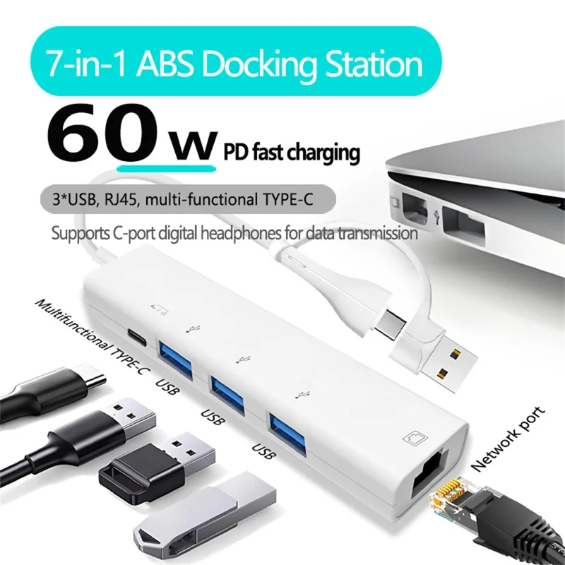 AJ1027 Adaptador USB + Type-C 5 em 1 Dual Port com 3xUSB RJ45 Ethernet Network Hub