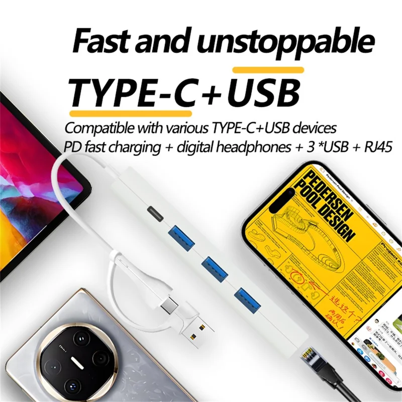 AJ1027 Adaptador USB + Type-C 5 em 1 Dual Port com 3xUSB RJ45 Ethernet Network Hub