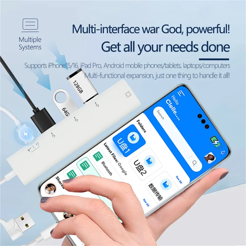 AJ1027 Adaptador USB + Type-C 5 em 1 Dual Port com 3xUSB RJ45 Ethernet Network Hub