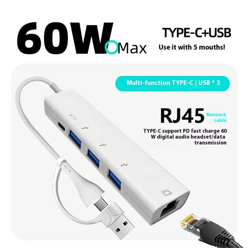 AJ1027 Adaptador USB + Type-C 5 em 1 Dual Port com 3xUSB RJ45 Ethernet Network Hub