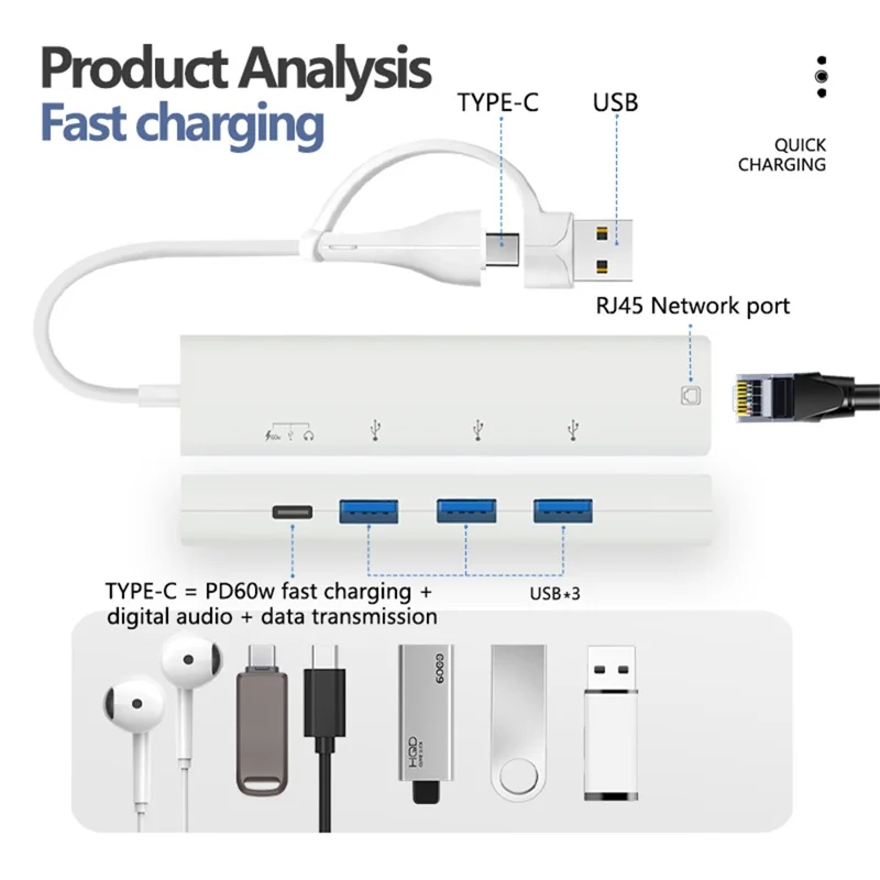 AJ1027 Adaptador USB + Type-C 5 em 1 Dual Port com 3xUSB RJ45 Ethernet Network Hub