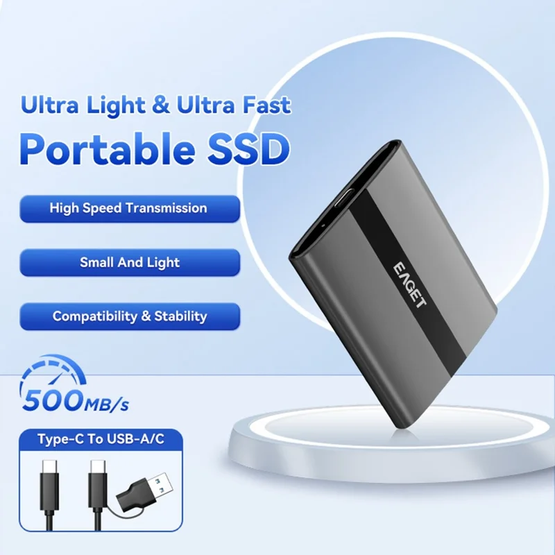 EAGET ET-M8 1TB Portable SSD 500MB / S High Speed Aluminum Alloy Type C External Solid State Drive