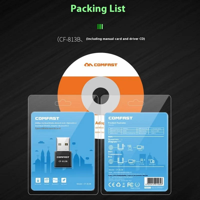 COMFAST CF-813B Wireless Network Adapter WiFi / BT 2 in 1 USB Dongle Network Card for Computer
