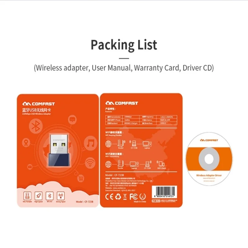 COMFAST CF-723B V2 150Mbps Mini USB Wireless Network Adapter 2 in 1 Bluetooth-compatible 4.0 WiFi Dongle