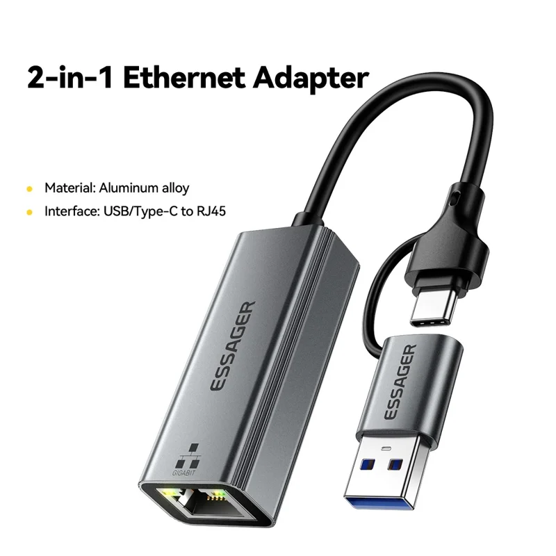 ESSAGER Convertitore 2 in 1 USB-A / Type-C a RJ45 Plug and Play Adattatore Ethernet Gigabit per PC Laptop