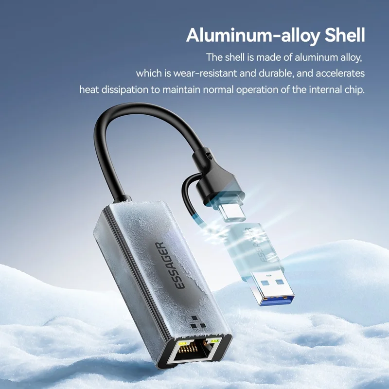 ESSAGER Convertitore 2 in 1 USB-A / Type-C a RJ45 Plug and Play Adattatore Ethernet Gigabit per PC Laptop