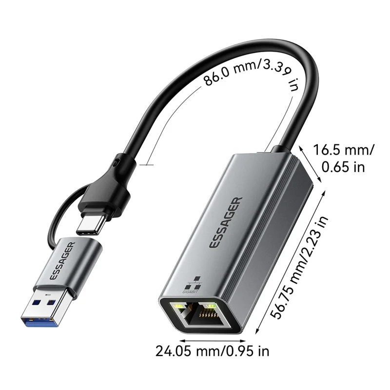 ESSAGER Convertitore 2 in 1 USB-A / Type-C a RJ45 Plug and Play Adattatore Ethernet Gigabit per PC Laptop